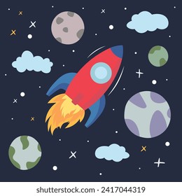 Space filled with planets, clouds, and stars against a dark night sky, with a rocket firing its engine, propelled to travel through the astrological universe. Vector illustration.