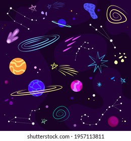 Space filled with stars and planets. Vector drawing