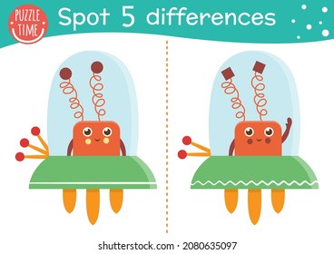 Space find differences game for children. Astronomy educational activity with funny alien in space ship. Printable worksheet with extraterrestrial and stars. Cute UFO puzzle for kids
