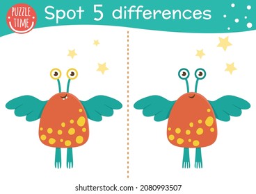 Space find differences game for children. Astronomy educational activity with funny alien with wings. Printable worksheet with extraterrestrial and stars. Cute UFO puzzle for kids
