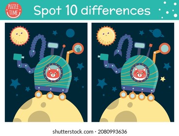 Space find differences game for children. Astronomy educational activity with funny astronaut exploring moon in rover. Printable worksheet with planets and stars. Cute UFO puzzle for kids
