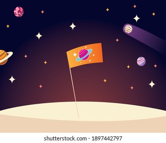 space flag planets stars galaxy solar system cartoon vector illustration