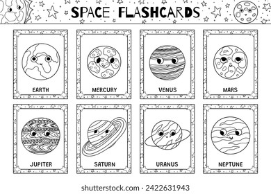 Space flashcards black and white collection with cute planet characters. The Solar System flash cards for coloring in outline. Learn space vocabulary for school and preschool. Vector illustration