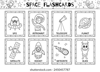 Space flashcards black and white collection with cute planet characters. The Solar System flash cards for coloring in outline. Learn space vocabulary for school and preschool. Vector illustration