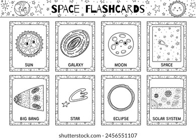 Space flashcards black and white collection with cute characters and cosmic elements. Flash cards set in outline for kids for practicing reading skills. Learn space vocabulary for school and preschool