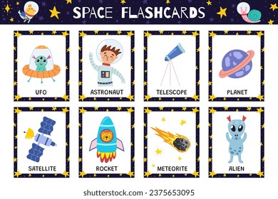 Space flashcards collection with cute  characters. The Solar System flash cards for practicing reading skills. Learn space vocabulary for school and preschool. Vector illustration