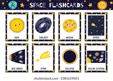 Space flashcards collection with cute characters and cosmic elements. Flash cards set for kids for practicing reading skills. Learn space vocabulary for school and preschool. Vector illustration