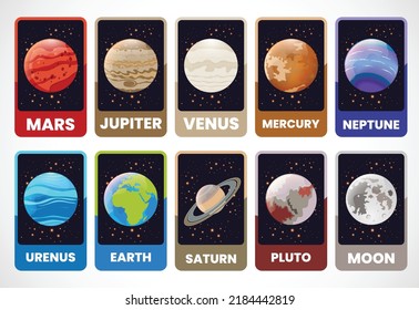 Space flashcards for kids. Educational material for schools and kindergartens. Vector illustration