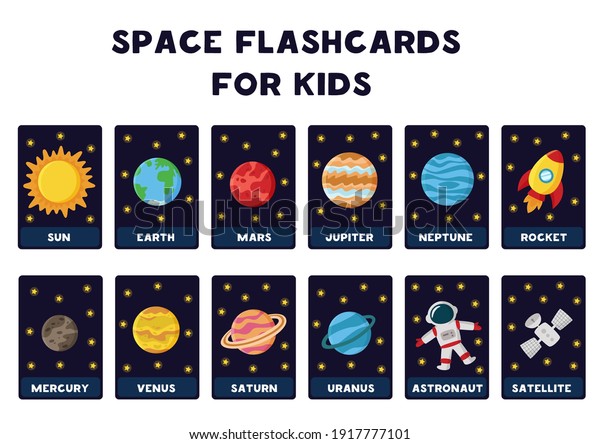 Space flashcards for kids. Vector illustrations of solar system planets with their names.