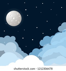 Space flat background with moon and stars. Vector illustration