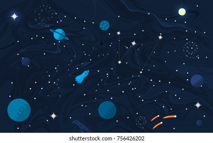 Space Flat Background With Planets And Stars. Vector Illustration