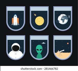 Space flat badges icon set. Vector illustration
