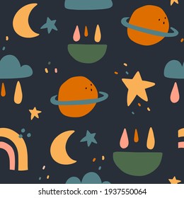 Space  flat hand drawn seamless pattern.  Cartoon illustration. Stars, planets, comets, clouds scandinavian style background. Childish wallpaper, textile, texture design