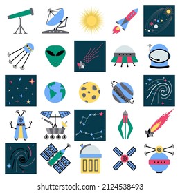 Conjunto de iconos plano de espacio. 25 iconos vectoriales de astronomía aislados en fondo blanco. Ilustración vectorial de galaxia. Gráficos web de espacio