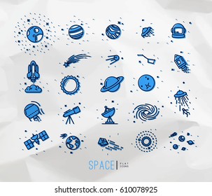 Space flat icons drawing with black lines and color on crumpled paper background.