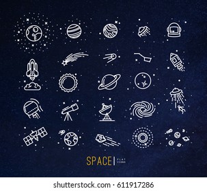 Space flat icons drawing with white lines on blue background.