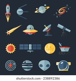 Raum flache Icons Set von Rakete Ufogalaxie und Planeten Vektorgrafik