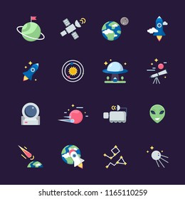 Space flat icons. Telescope satellite spaceship earth sun and planets views from observatory vector illustrations. Earth and spaceship, planet and telescope, rocket shuttle and ufo