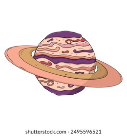 Space flat illustration. Comic Saturn and satellite isolated vector illustration. Logo design cartoon planet.