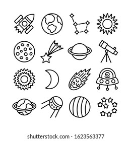 Space flat line icon set. Rocket, planets, sun, moon, comet, telescope, alien, constellation, star. Editable strokes. Vector illustration.