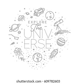 Space flat monogram lettering explore the universe drawing with grey lines on white background