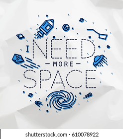 Space flat monogram lettering i need more drawing with black lines and color on crumpled background