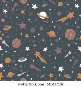 space flat pattern, Vector background with night sky with stars and planets, seamless
