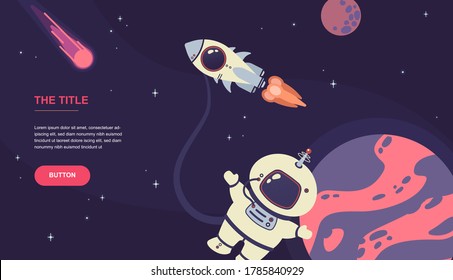 Space flat vector background with astronaut, rocket, spaceship, moon, planets and stars. Space for your text.