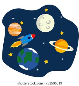 Space flat vector background with astronaut, rocket, spaceship, moon, planets and stars. Space for your text.