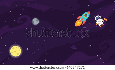 Space flat vector background with astronaut, rocket, spaceship, moon, planets and stars. Space for your text.