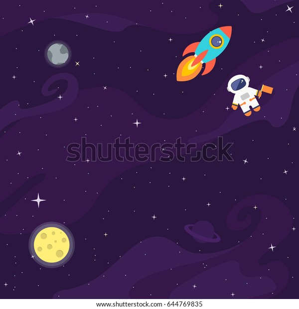 宇宙飛行士 ロケット 宇宙船 月 惑星 および星のある宇宙の平らなベクター画像の背景 テキスト用のスペース のベクター画像素材 ロイヤリティフリー