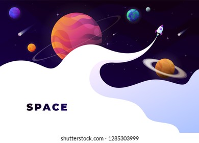 Space flat vector background, planets and stars. Space for your text.