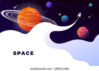 Space flat vector background, planets and stars. Space for your text.