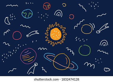 Space flat vector background with Planets, moon, Jupiter, satellite and stars. Hand drawing cartoon Illustration of a space Doodle. Vector illustration. 
