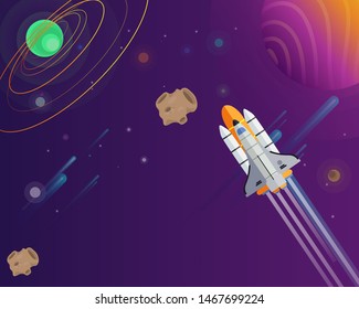 Space flat vector background with rocket, spaceship, moon, Jupiter, satellite, planets and stars. Space for your text.