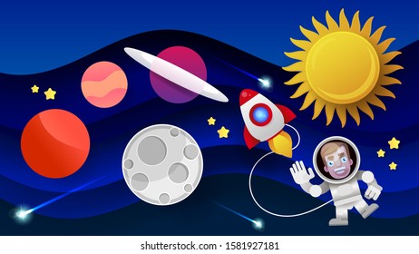 Space Flat Vector Background With Rocket, Spaceship, Moon, Planets And Stars.