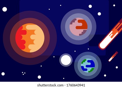 Space flat vector background with rocket, spaceship, moon, Jupiter, planets and stars Space for your message
