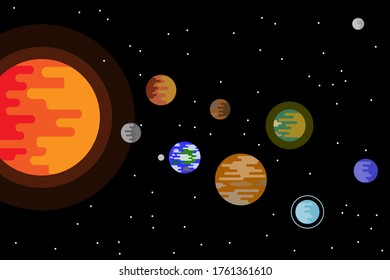 Space flat vector background with rocket, spaceship, moon, Jupiter, planets and stars Space for your message