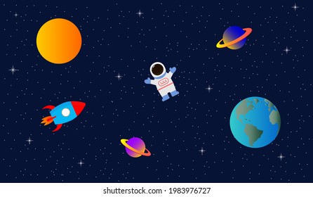 Space flat vector background with rocket, spaceship, moon, Jupiter, satellite, astronaut, planets and stars.Vector illustration