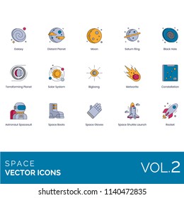 Space flat vector icons. Galaxy, distant planet, moon, saturn ring, black hole, terraforming, solar system, big bang, meteorite, constellation, astronaut spacesuit, boots, shuttle launch, rocket.