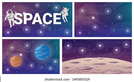 Space flat vector illustrations set. Moon and gas giants. Stars and planet in cosmos backdrop design. Celestial bodies. Cosmonauts cartoon characters with outline elements on gradient background