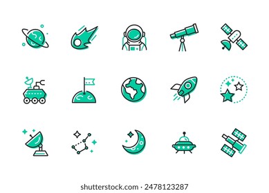 Space flight and extraterrestrial exploration - set of line design style icons isolated on white background. High quality images of asteroid, planet, constellation, astronaut, moon rover satellites