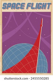 Space Flight. Mid Century Modern Style Retro Future Mosaic Illustration. Space Rocket, Globe, Space Background 