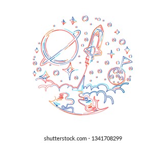 Space flight of a space in a minimalist style. 3d Color line art ( RGB ) vector illustration.