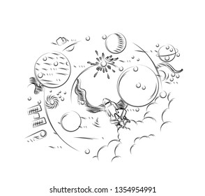 Space flight of a space in a minimalist style. 3d Color line art ( RGB ) vector illustration.