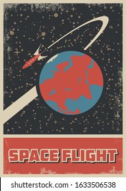 Space Flight, Retro Soviet Space Propaganda Poster Stylization, Space Rocket, Globe, Starry Sky, Grunge Texture Pattern