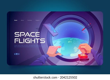 Space flights cartoon landing page, hand push red home button front of spaceship porthole with earth planet view. Futuristic interstellar travel, rocket cabin with window in cosmos vector illustration