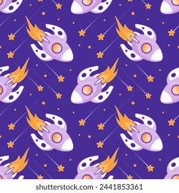 Space flights, shuttle, UFO, stars, rockets, the future. Cute baby illustration in vintage style, seamless pattern, cartoon style. For childrens, wallpaper, background.