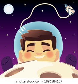 space floating astronaut spaceship planet and moon cartoon vector illustration