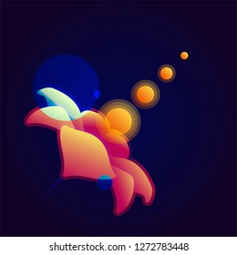 Space flower radiating light orbs. Science fiction background. Neon colors over dark background. Artistic camera glare. Science fiction weapon. Bright colored flowers. Flowers shooting light beams.